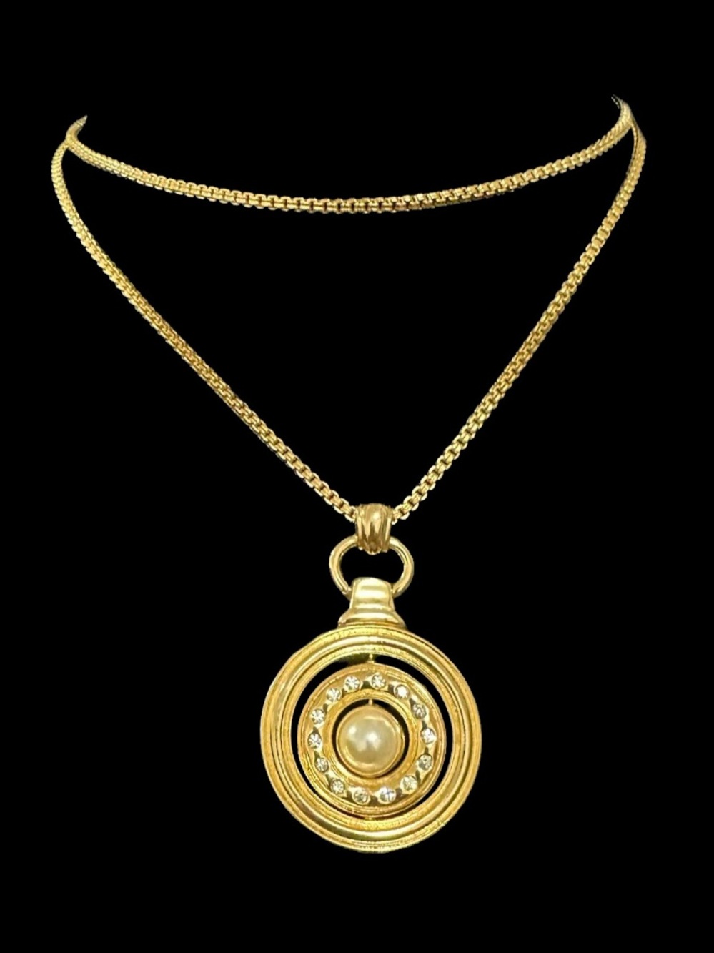 Kenneth Jay Lane Gold Round Pendant Necklace with Pearl and Crystals